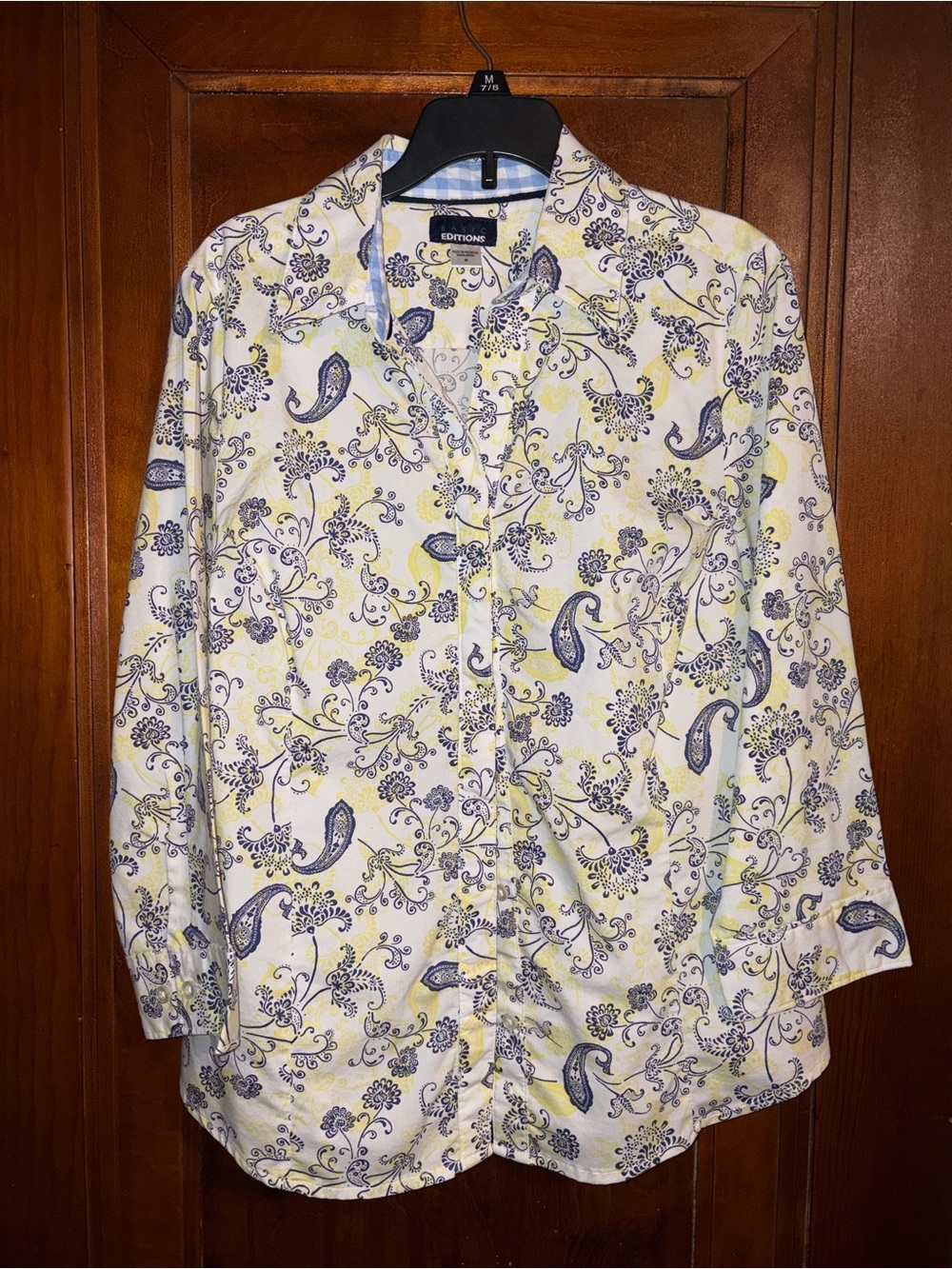 Basic Editions Navy and Yellow Floral Paisley Button-Up Blouse